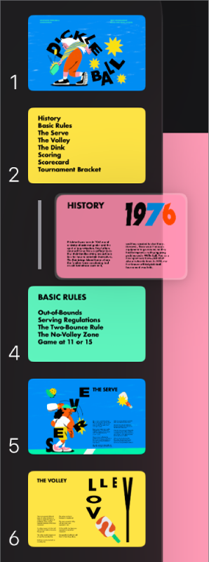 Navegador de diapositivas con una diapositiva sangrada y una línea a la izquierda.