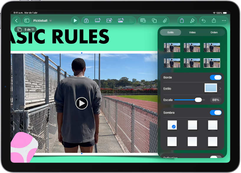 Los controles Formato para cambiar el tamaño y la apariencia del video seleccionado. Los botones Estilo, Video y Orden se sitúan a lo largo de la parte superior de los controles.
