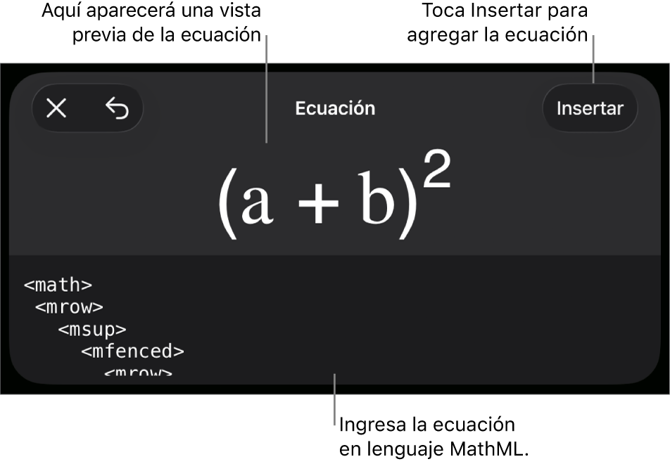 El cuadro de diálogo Ecuación con una ecuación escrita con comandos de MathML y una vista previa de la fórmula encima.