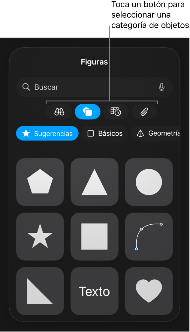 Los controles para agregar un objeto, con botones en la parte superior para seleccionar tablas, gráficas, figuras (líneas y cuadros de texto incluidos) y contenidos.