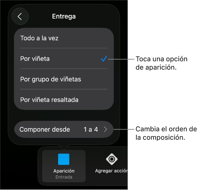 Opciones de Entrega en el panel Entrada.