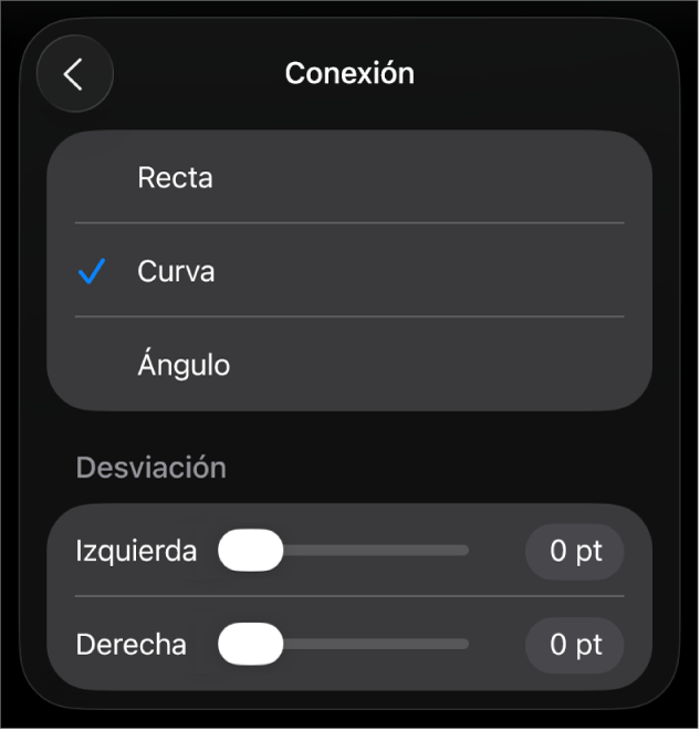 Los controles de Conexión con la opción Curva seleccionada.