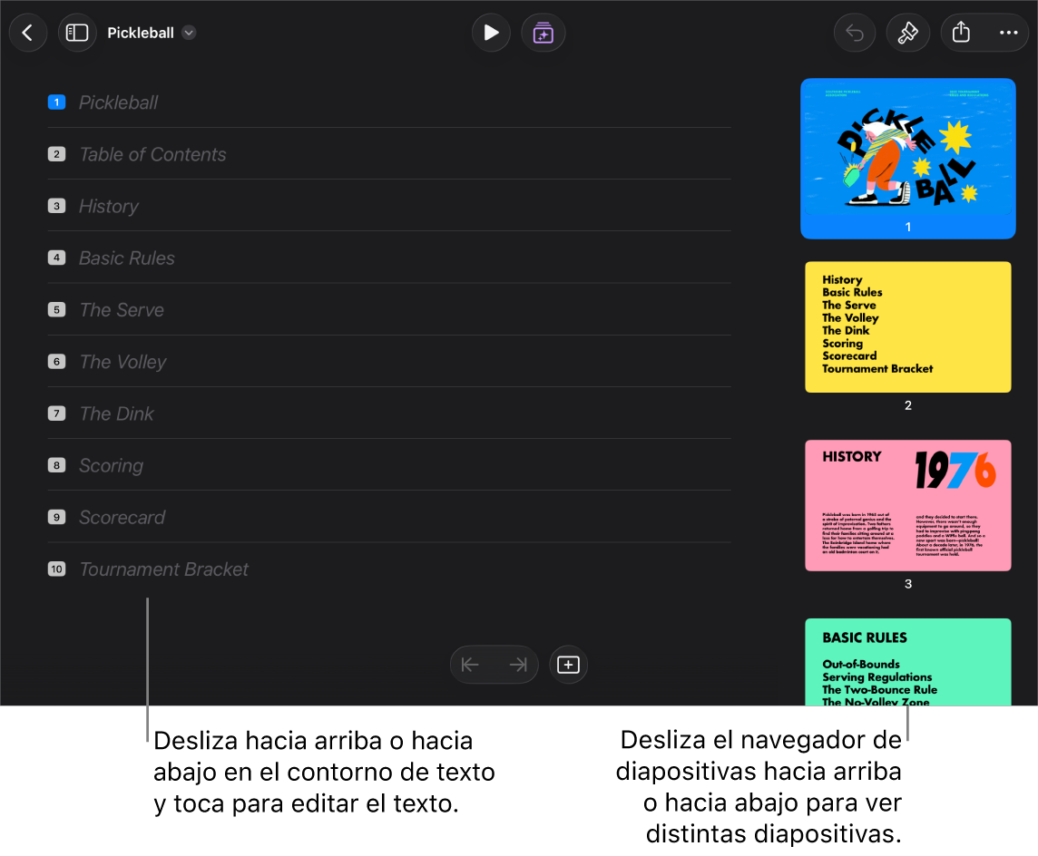 Vista de esquema con el esquema de texto de una presentación en el lado izquierdo de la pantalla y el navegador de diapositivas vertical en el lado derecho.