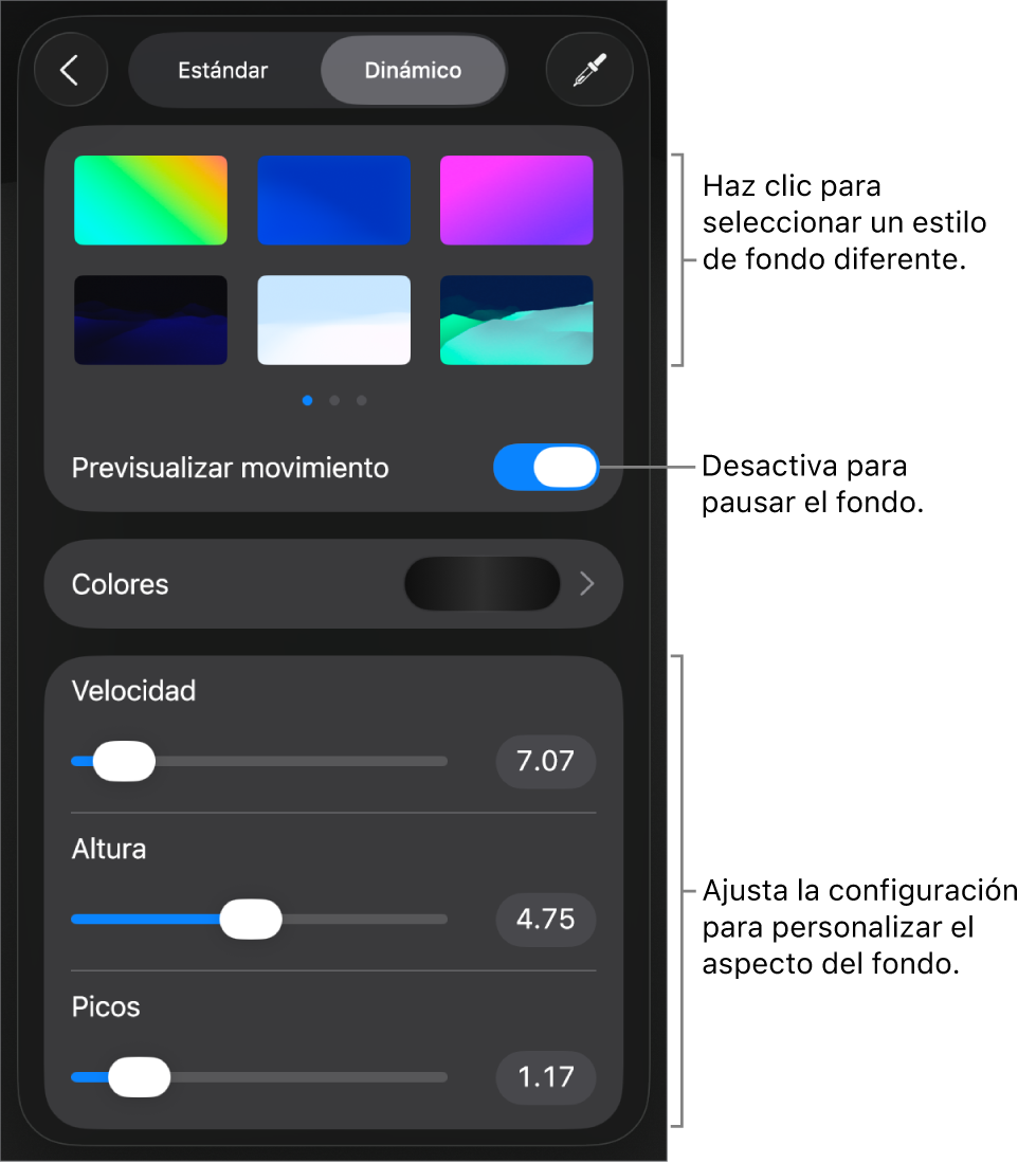 Los controles de fondo dinámico con las miniaturas de estilo de fondo, el botón Previsualizar movimiento y los controles de personalización.