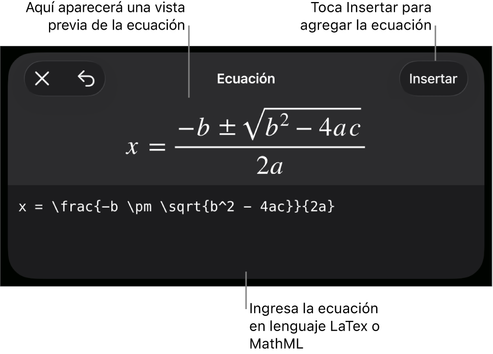 El cuadro de diálogo Ecuación con una ecuación escrita con comandos de MathML y una vista previa de la fórmula encima.