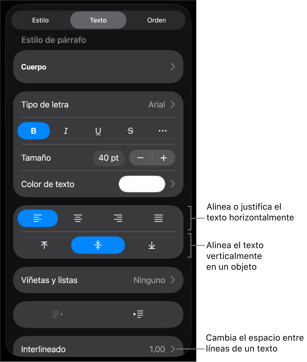 El panel Alineación con mensajes en los botones de alineación de texto y espaciado.