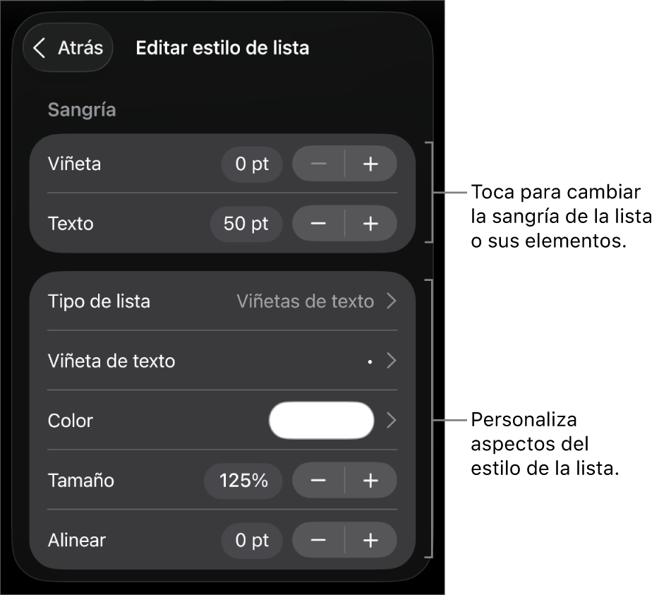 El menú Editar estilo de lista con controles para editar el tipo y aspecto de la lista.