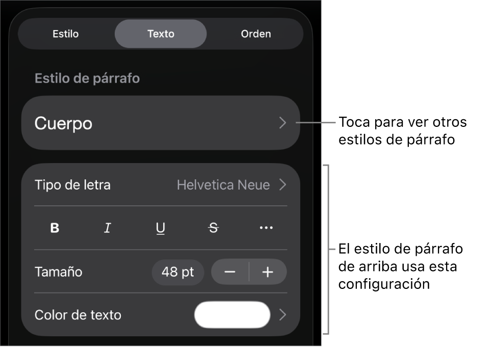 El menú Formato mostrando los controles de texto para configurar los estilos de párrafo y carácter, tipo de letra, tamaño y color.