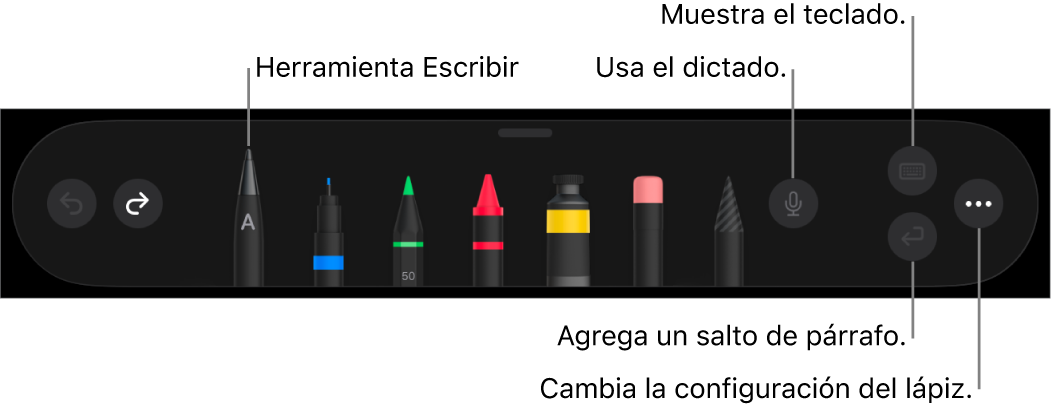 La barra de herramientas de escritura y dibujo con la herramienta Escribir en el lado izquierdo. A la derecha hay botones para usar dictado, mostrar el teclado, agregar un salto de párrafo y abrir el menú Más.