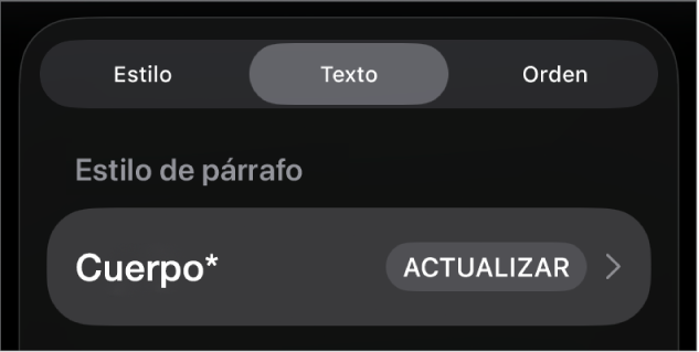 Un estilo de párrafo con un asterisco junto a él y un botón Actualizar a la derecha.