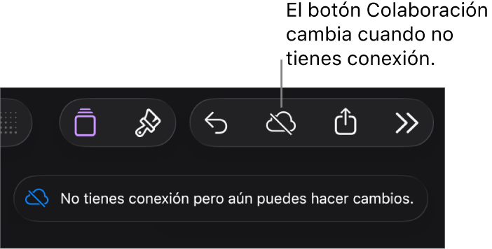 Los botones en la parte superior de la pantalla, donde el botón Colaboración cambió a una nube con una línea diagonal que la atraviesa. Una alerta en la pantalla muestra el mensaje: No tienes conexión pero aún puedes hacer cambios.