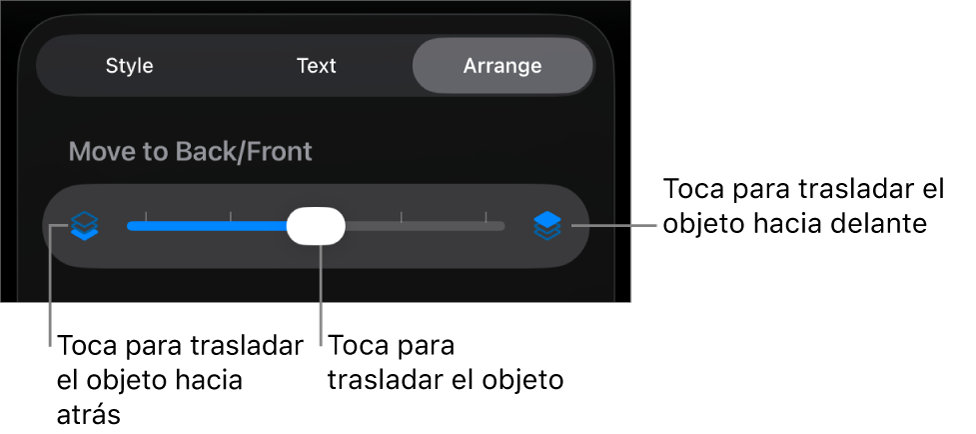 Botón “Mover hacia atrás”, botón “Mover hacia delante” y regulador de capa.