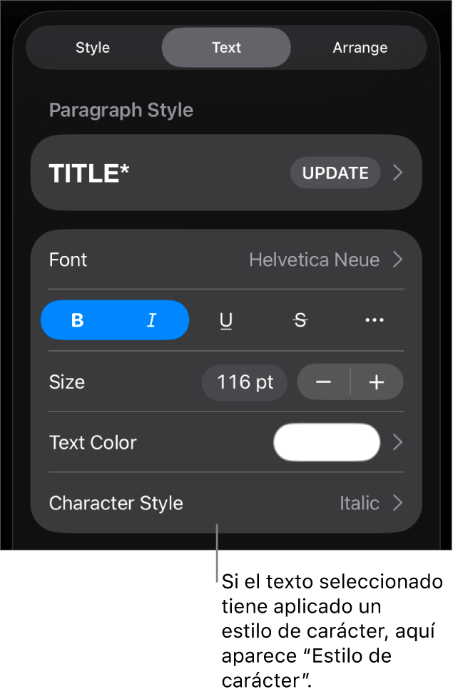 Los controles de formato de texto con “Estilos de carácter” debajo de los controles de color. El estilo de carácter Ninguno aparece con un asterisco.