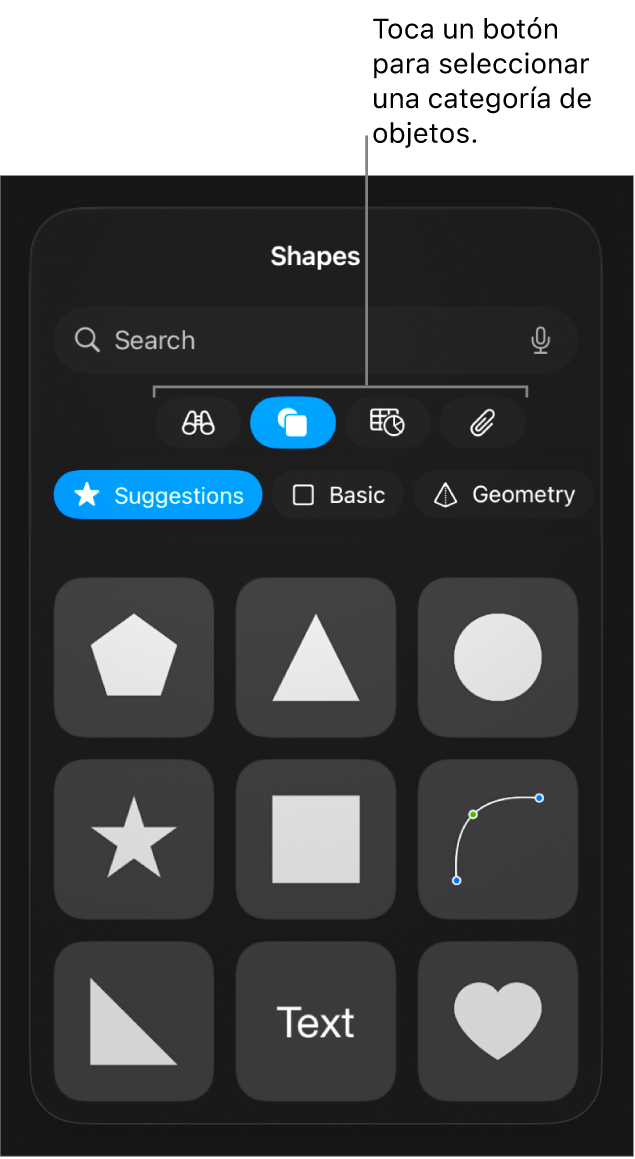 Los controles para añadir un objeto, con botones en la parte superior para seleccionar tablas, gráficas, figuras (líneas y cuadros de texto incluidos) y contenidos.