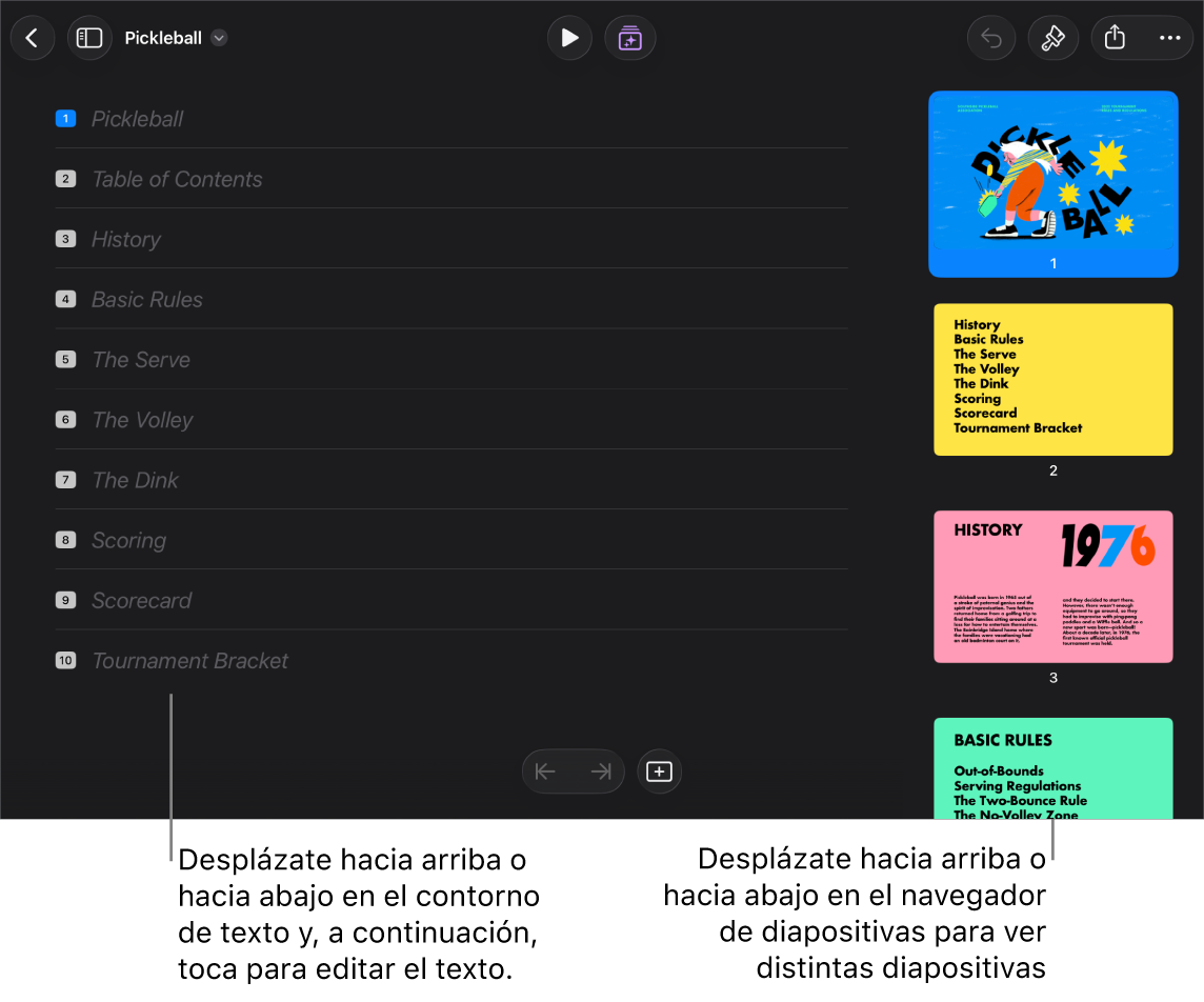 La vista de esquema con el esquema de texto en la parte izquierda de la pantalla y el navegador de diapositivas vertical en el lado derecho.