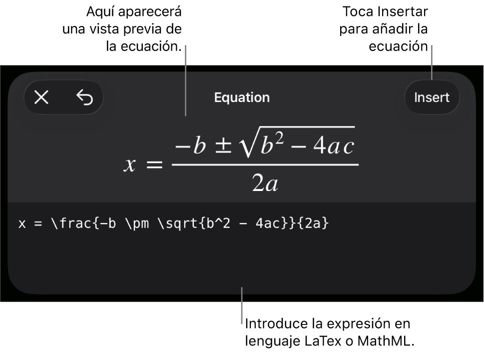 El diálogo Ecuación con una ecuación escrita con comandos de MathML y una previsualización de la fórmula encima.