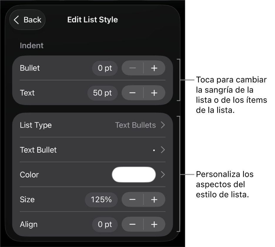 Menú “Editar estilo de lista” con controles para editar el tipo de lista y su apariencia.