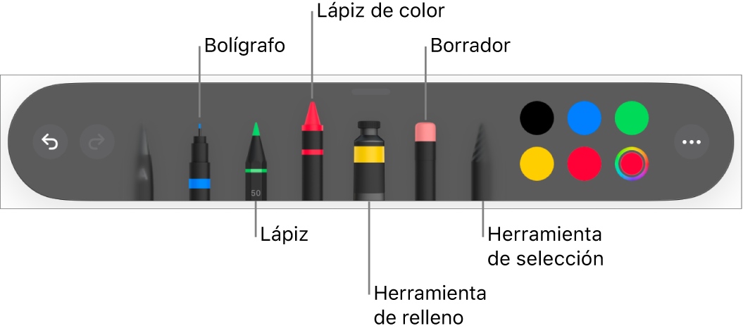 La barra de herramientas de dibujo con un bolígrafo, lápiz, lápiz de color, relleno, borrador, herramienta de selección y paleta de colores, que muestra el color actual.