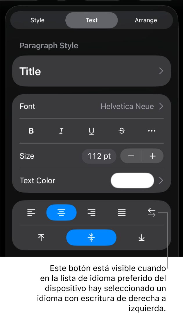 Controles de texto del menú Formato con una llamada al botón “De izquierda a derecha”.