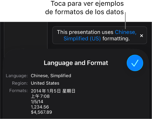 La notificación del ajuste de idioma y formato distinto, con ejemplos del formato en ese idioma y región.
