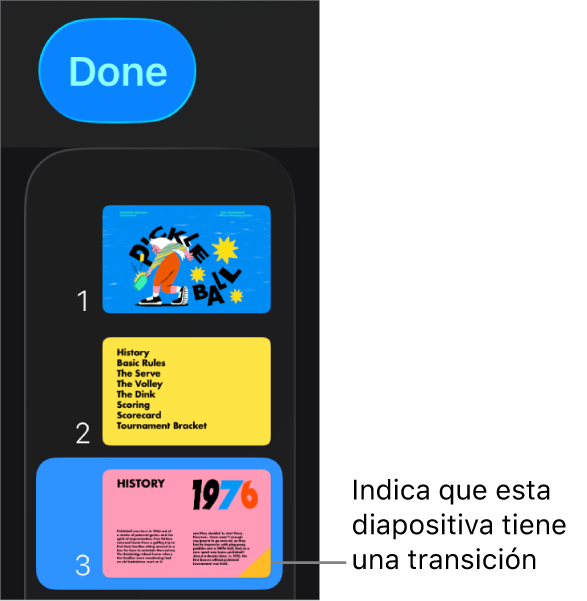 Un triángulo amarillo sobre una diapositiva indica que la diapositiva posee una transición.