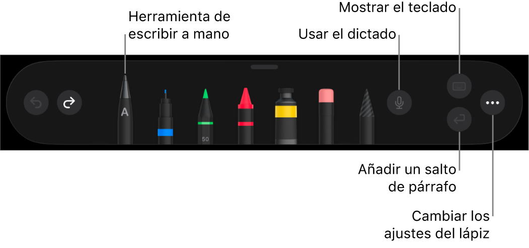 La barra de herramientas de escribir y dibujar con la herramienta “A mano” a la izquierda. A la derecha, se encuentran los botones para usar dictado, mostrar el teclado, añadir un salto de párrafo y abrir el menú Más.