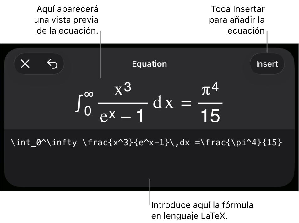 El diálogo Ecuación con una ecuación escrita con comandos de LaTeX y una previsualización de la fórmula encima.