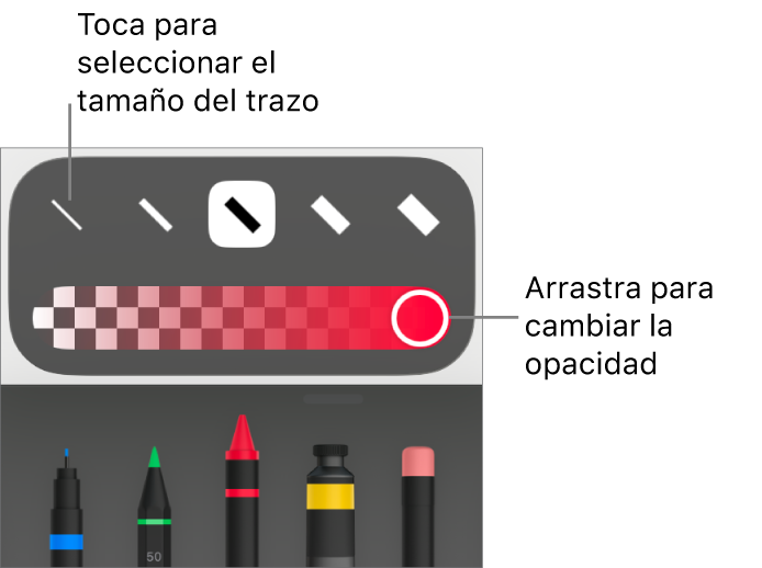 Controles para seleccionar un tamaño de trazo y un regulador para ajustar la opacidad.