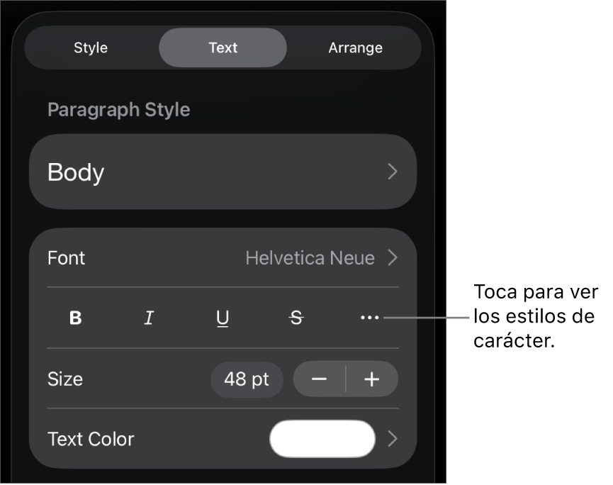 Los controles de Formato con los estilos de párrafo en la parte superior y, después, los controles de “Tipo de letra”. Debajo de “Tipo de letra” están los botones Negrita, Cursiva, Tachado y “Más opciones de texto”