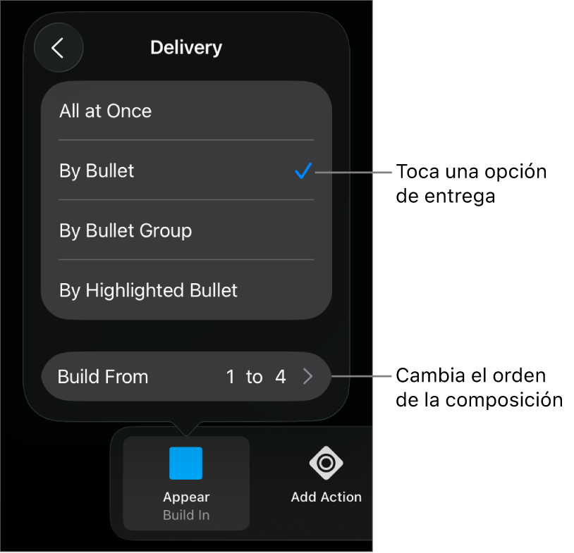 Opciones de Entrega en el panel Entrada.