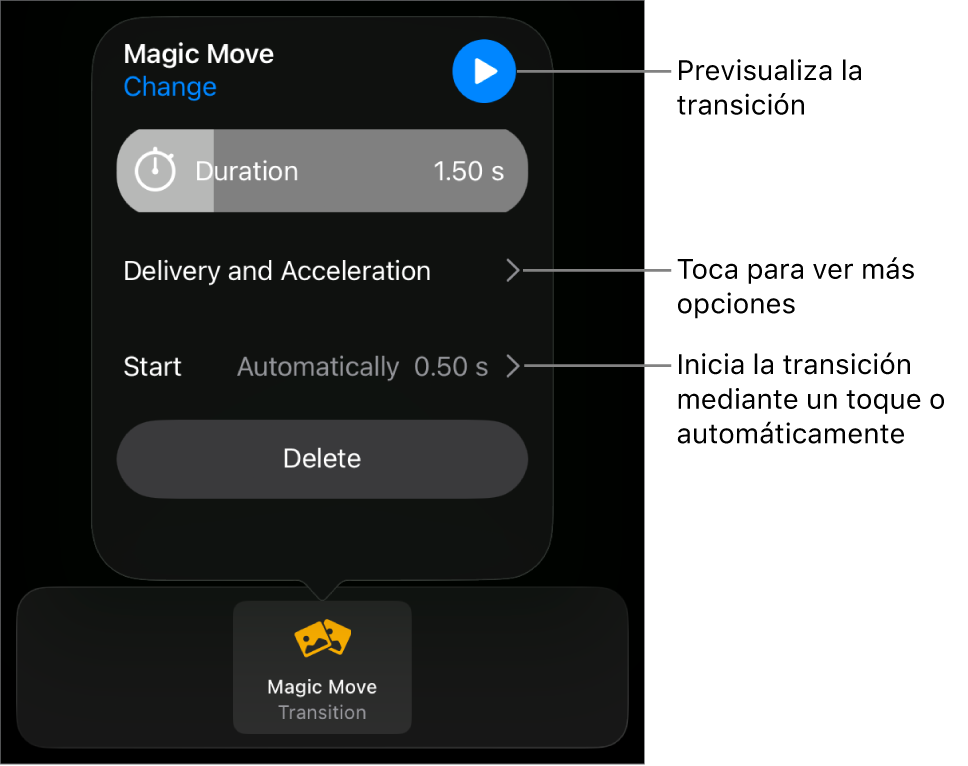 Controles de “Movimiento mágico” en el panel Transiciones.