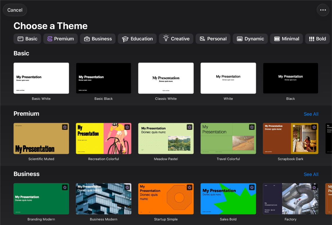 El selector de tema, mostrando una fila de categorías a lo largo de la parte superior que puedes tocar para filtrar las opciones. Debajo hay miniaturas de temas prediseñados organizados en filas por categorías.