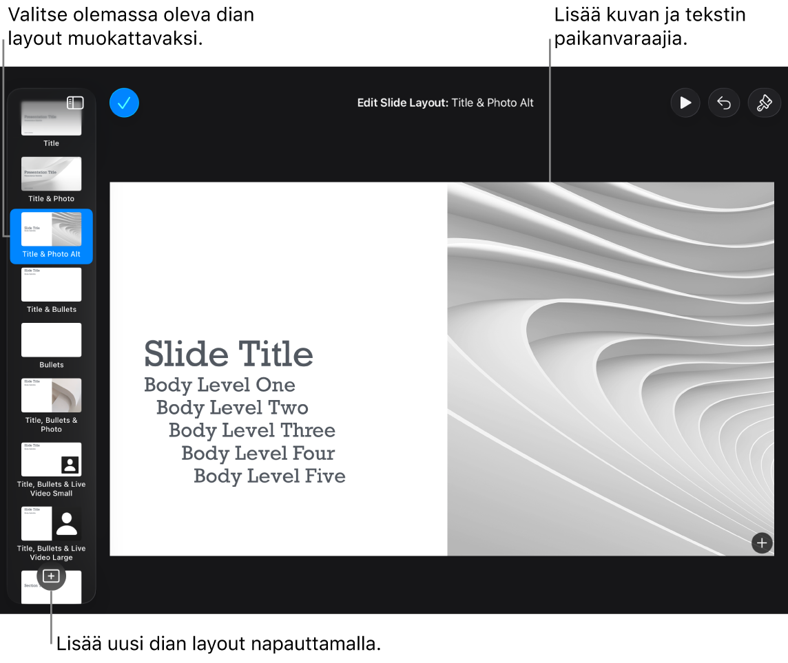 Dian layout diapohjalla ja Lisää dian layout ‑painike diojen rakennenäkymän alareunassa.