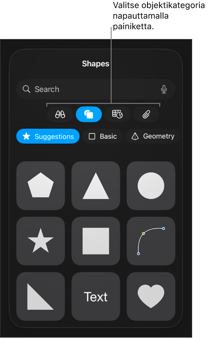 Objektin lisäämisen säätimet, joiden yläreunassa on painikkeita taulukoiden, kaavioiden, kuvioiden (mukaan lukien viivojen ja tekstilaatikoiden) ja median valitsemiseen.