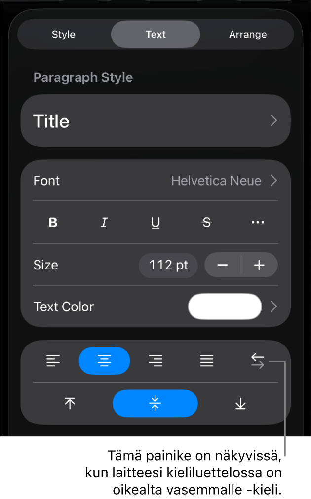 Muoto-valikon tekstisäätimet ja selite Vasemmalta oikealle -painikkeeseen.