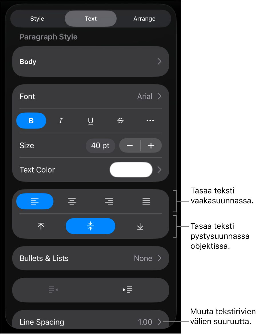 Asettelu-osio, jossa näkyy selitteet tekstin tasaus- ja välistyspainikkeille.