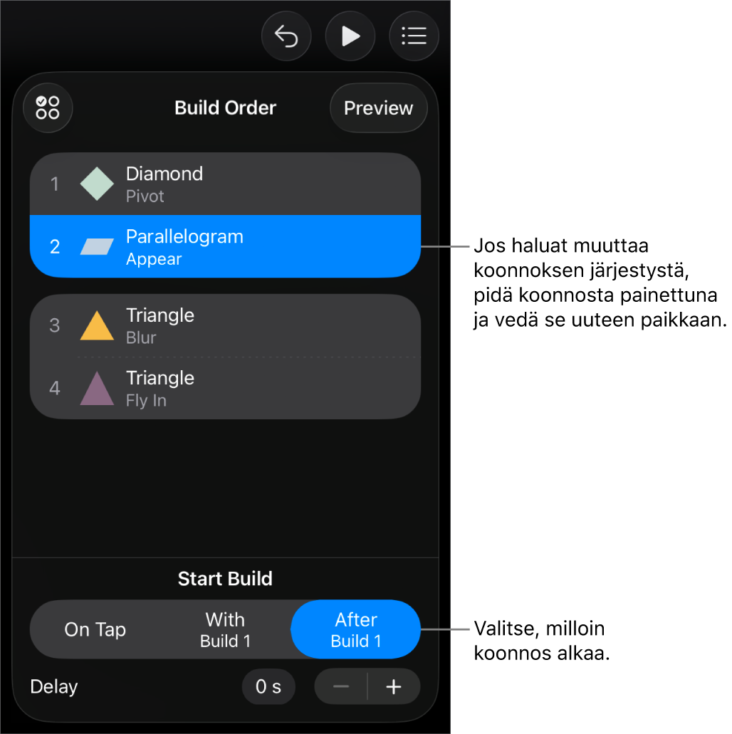 Koonnoksen järjestys -luettelo, jossa aloitustehosteissa on keltaisia merkkejä ja lopetustehosteissa harmaita merkkejä.