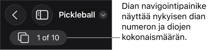 Diojen rakennenäkymän painike, jossa näkyy nykyinen dianumero ja esityksen kaikkien diojen määrä.