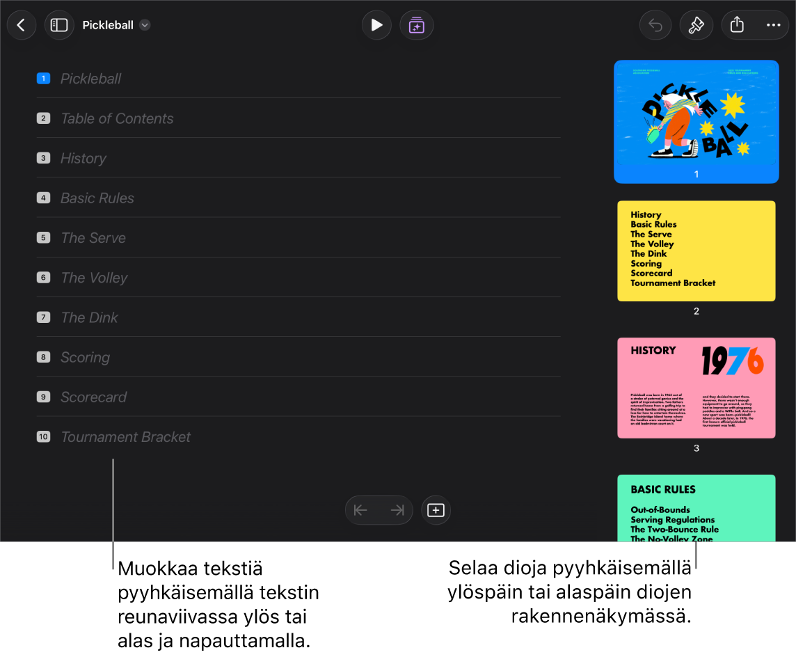 Hahmotelmanäkymä, jossa on esityksen tekstihahmotelma näytön vasemmassa reunassa ja pystysuuntainen diojen rakennenäkymä oikeassa reunassa.