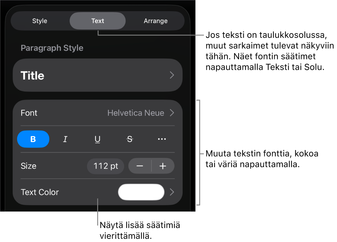 Muoto-valikon tekstisäätimet kappale- ja merkkityylien, fontin, koon ja värin valitsemista varten.