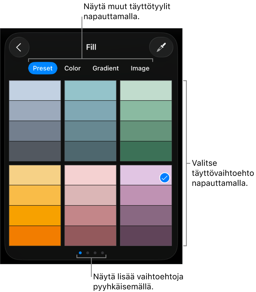 Tyyli-välilehden Täyttö-valinnat.