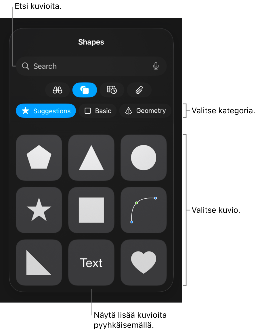 Kuviokirjasto, jossa näkyy yläreunassa kategorioita ja alla kuvioita. Voit etsiä kuvioita yläreunassa olevan hakukentän avulla ja näyttää niitä lisää pyyhkäisemällä.