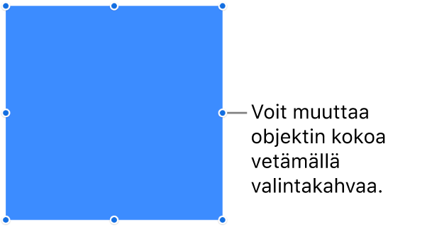 Objekti, jonka reunassa on sinisiä pisteitä sen koon muuttamista varten.