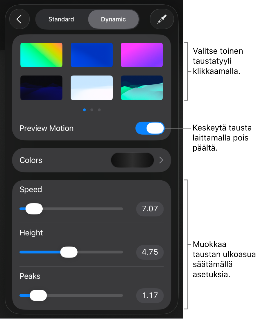 Dynaamisen taustan säätimet, näkyvillä on taustan tyylin miniatyyrit, Liikkeen esikatselu -painike ja muokkaussäätimet.
