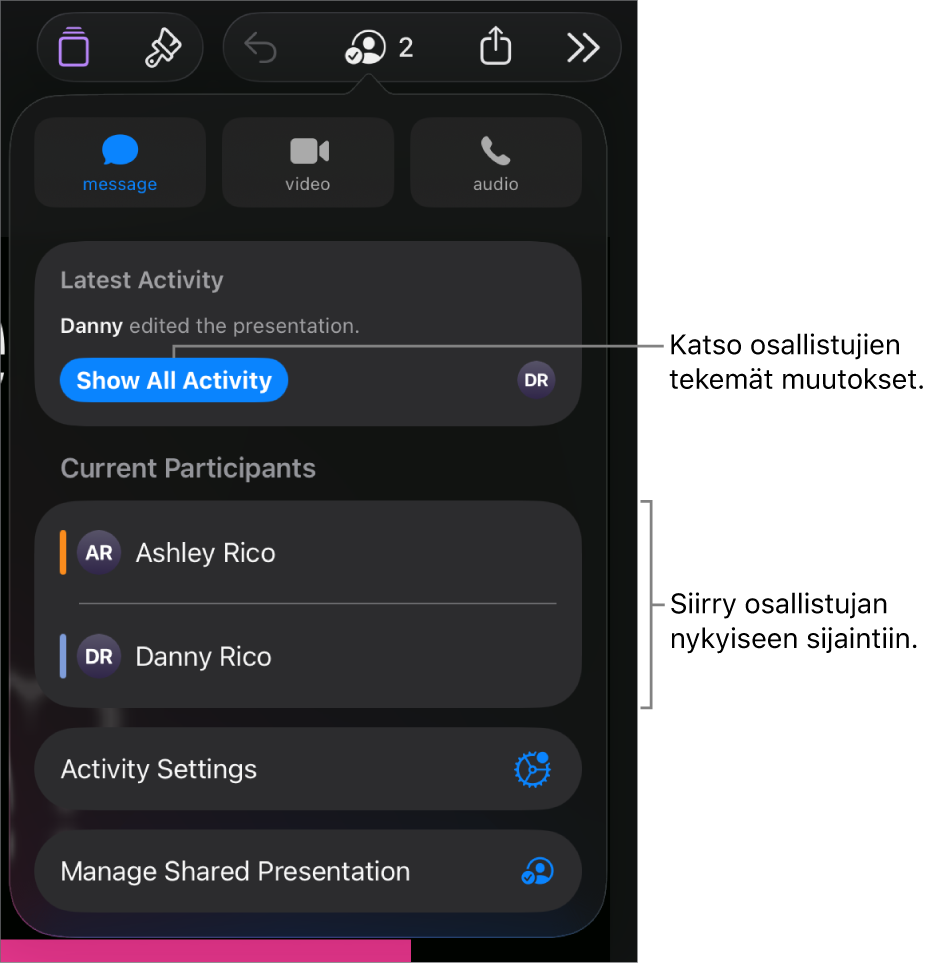 Yhteistyövalikko, jonka luettelossa on nykyiset osallistujat.