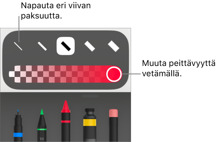 Viivan paksuuden valitsemisen säädin ja peittävyyden säätämisen liukusäädin.