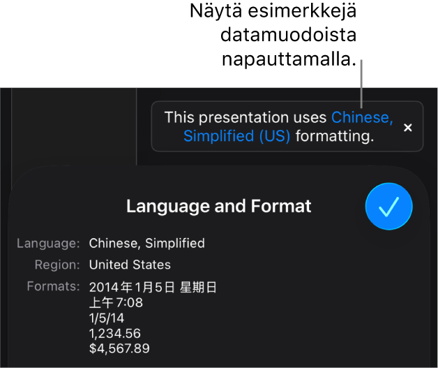 Eri kieli- ja alueasetuksen ilmoitus, jossa on esimerkkejä kyseisen kielen ja alueen muotoilusta.