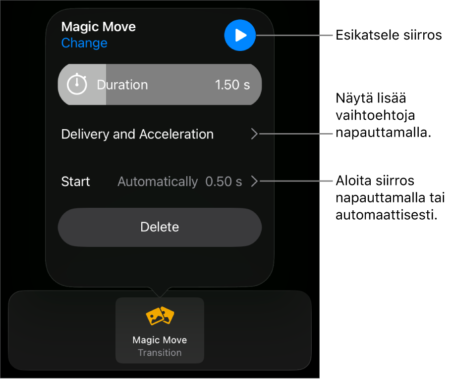 Siirrokset-osion Taikaliike-säätimet.