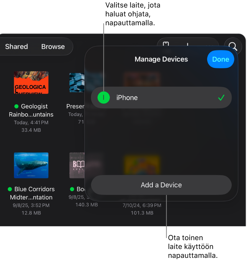 Hallitse laitteita -ponnahdusvalikossa näkyy Lisää laite -linkki.