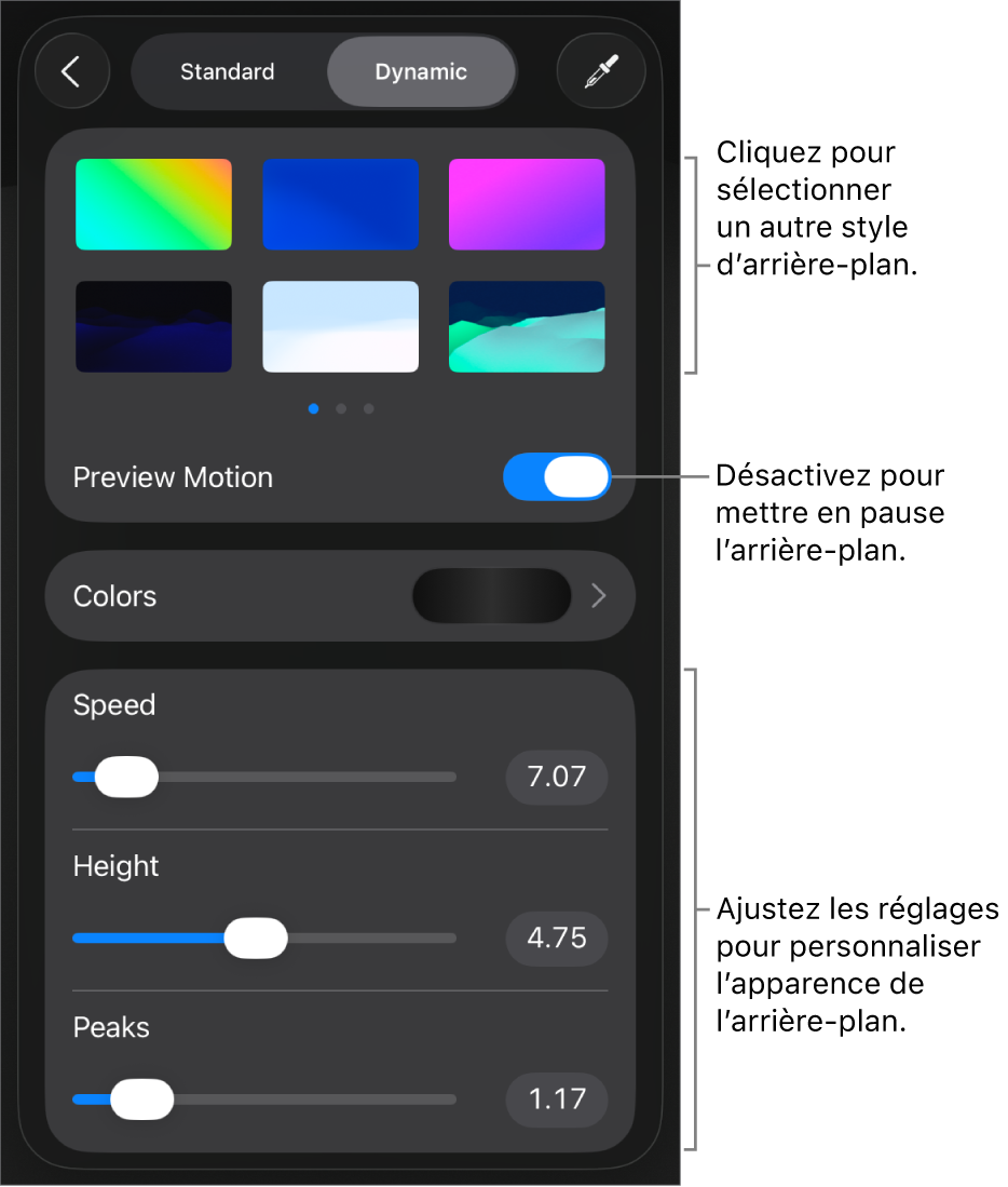Les commandes de l’arrière-plan dynamique accompagnées des vignettes de styles d’arrière-plans et le bouton Aperçu de l’animation sont affichés.